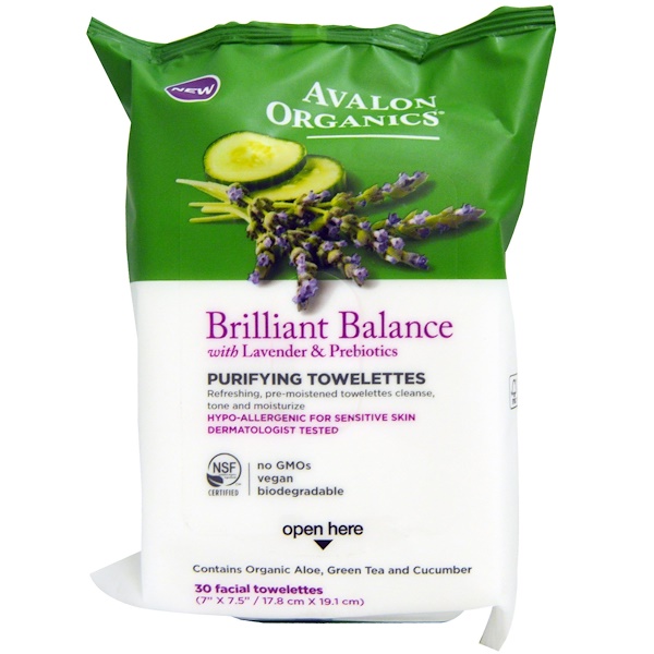 Avalon Organics, Блестящий баланс, очищающие салфетки, лаванда и пребиотики, 30 салфеток для лица
