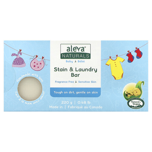 Aleva Naturals Baby, Stain & Laundry Bar Soap, Fragrance Free, 0.48 lb (220 g)