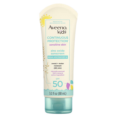 

Aveeno, Kids, Continuous Protection Zinc Oxide Sunscreen, Sensitive Skin, SPF 50, 3 fl oz (88 ml)