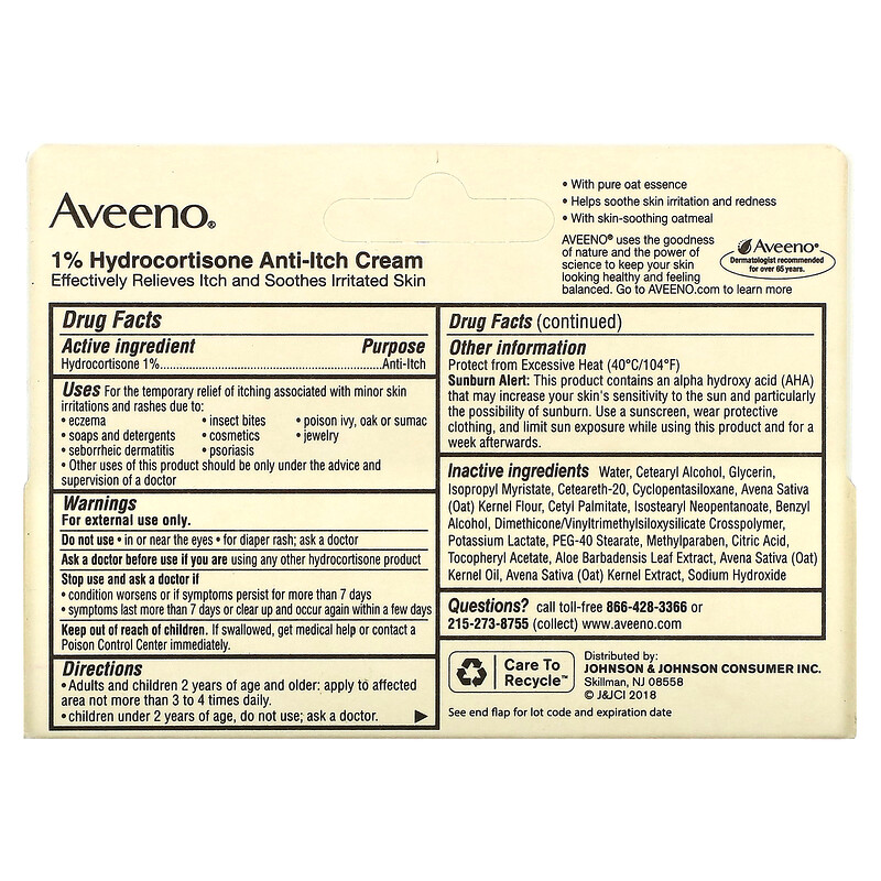 Aveeno, 1 Hydrocortisone, AntiItch Cream, 1 oz (28 g)