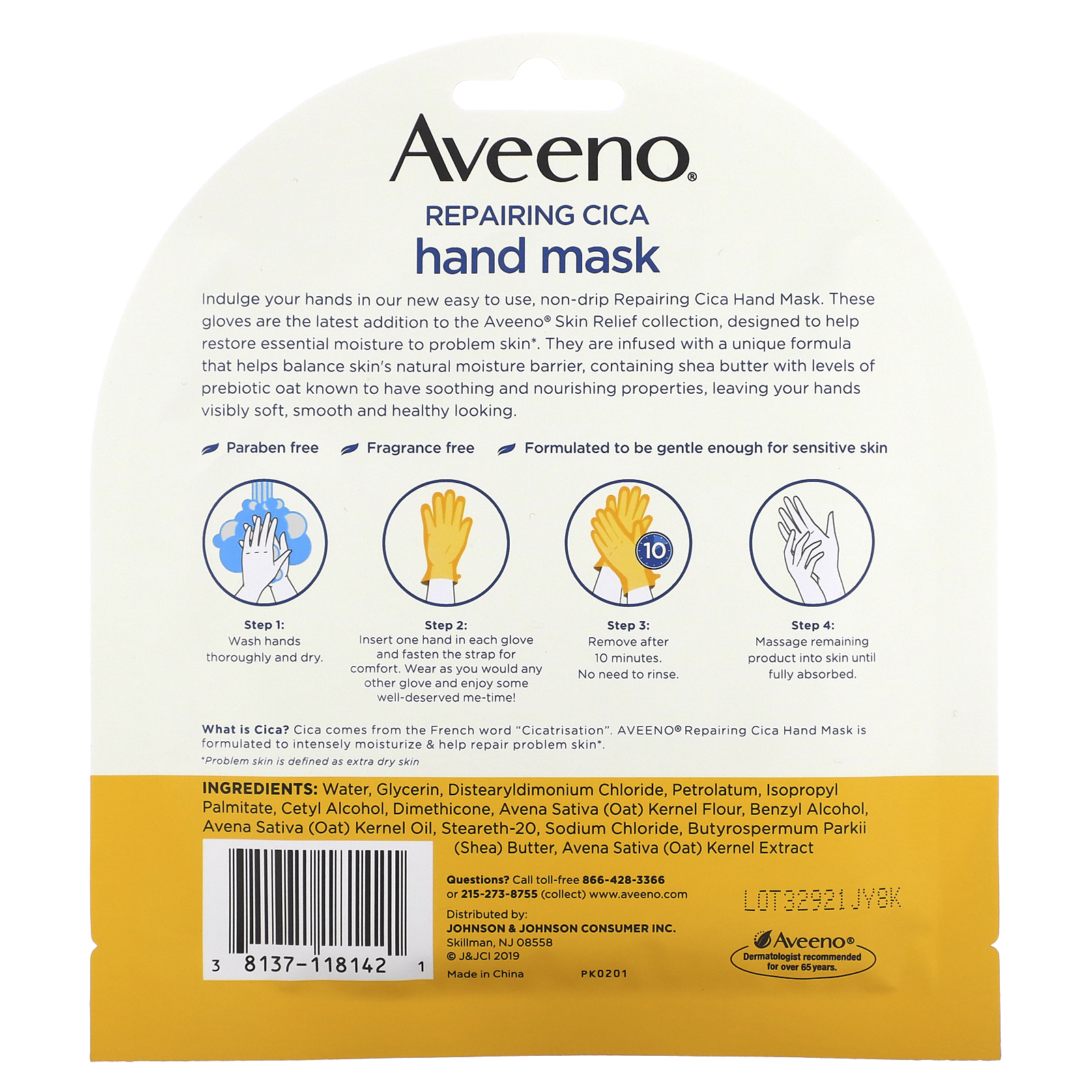 Aveeno, Repairing Cica Hand Mask, 2 SingleUse Gloves