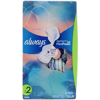 Always, Espuma flexible Infinity con alas flexibles, tamaño 2, flujo pesado, sin aroma, 32 toallas