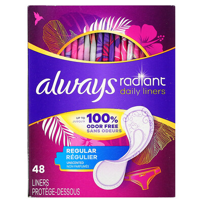 Always Ежедневные вкладыши Radiant, обычные, без запаха, 48 вкладышей