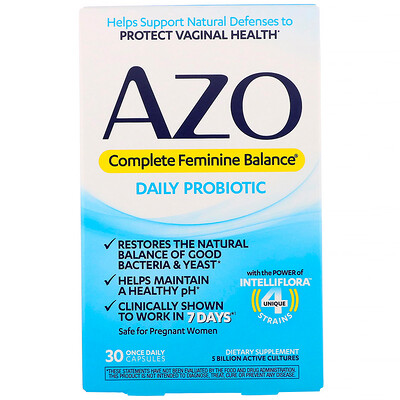 Azo Complete Feminine Balance, ежедневный пробиотик для женщин, 30 капсул для приема один раз в день