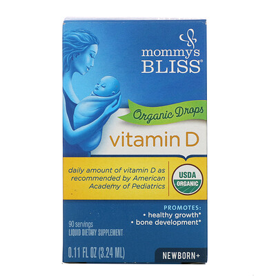 Mommy's Bliss Витамин D, органические капли, для новорожденных с 0 месяцев, 0,11 жидких унций (3,24 мл)