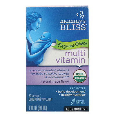 Mommy's Bliss Мультивитамины, Органические капли, 2 месяца+, Натуральный виноградный вкус, 1 ж. унц.(30 мл)