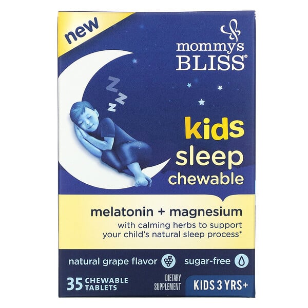 Kids Sleep Chewable, מלטונין + מגנזיום, לילדים בני 3 ומעלה, טעם ענבים טבעי, 35 טבליות לעיסות