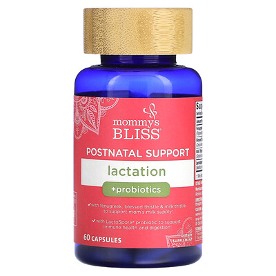 

Mommy's Bliss Послеродовая поддержка, лактация + пробиотики, 60 капсул