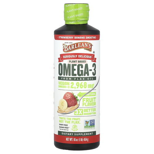 Barlean's, Seriously Delicious®, Plant Based Omega-3 From Leinöl, pflanzliches Omega-3 aus Leinöl, Erdbeer-Banane-Smoothie, 454 g (16 oz.)