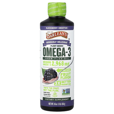 Barlean's, Realmente delicioso, Omega-3 proveniente del aceite de lino, Batido de zarzamora, 2968 mg, 454 g (16 oz)