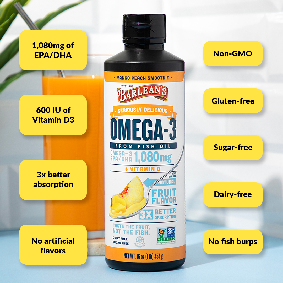 Barlean's, Omega3 from Fish Oil, Mango Peach Smoothie, 1,080 mg, 16 oz (454 g)