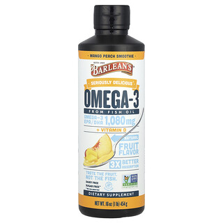 Barlean's, Seriously Delicious®, Balık Yağından Omega-3 + D Vitamini, Mango Şeftali Smoothie, 16 oz (454 g)