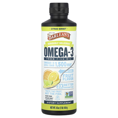 Barlean's, Seriöst utsökt®, omega-3 från fiskolja, citrussorbet, 16 oz (454 g)