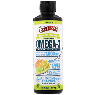 Barlean's, Seriously Delicious, Omega-3 Fish Oil, Citrus Sorbet, 1,500 mg, 16 oz (454 g)
