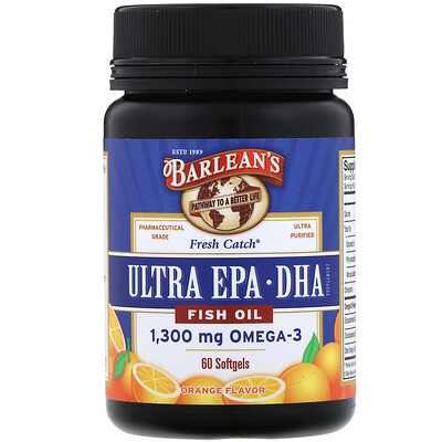 Barlean's Fresh Catch Fish Oil, Omega-3, Ultra EPA/DHA, Orange Flavor, 60 Softgels