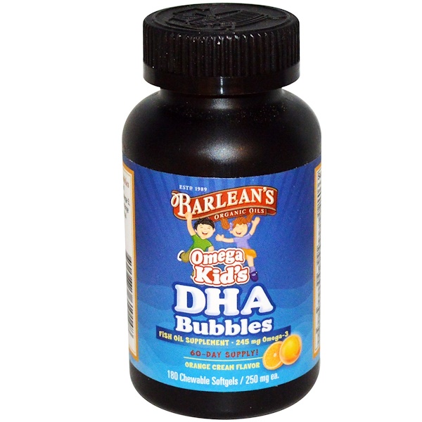 Barlean's, Omega Kid's DHA Bubbles, Orange Cream Flavor, 250 mg, 180 Chewable Softgels (Discontinued Item) 