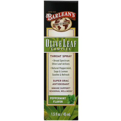 Barlean's Olive Leaf Complex, спрей для горла на основе оливковых листьев, со вкусом перечной мяты, 45 мл (1,5 жидк. унции)