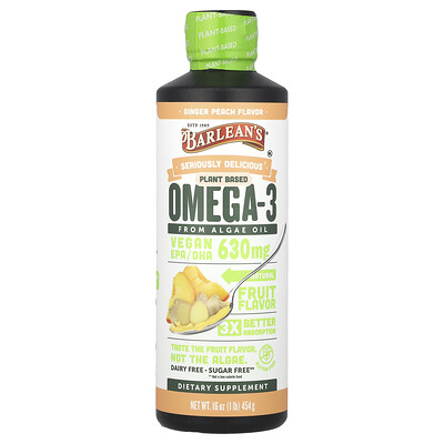 Barlean's, Seriously Delicious®, Omega-3 de origen vegetal proveniente del aceite de algas, Jengibre y melocotón, 630 mg, 454 g (16 oz)