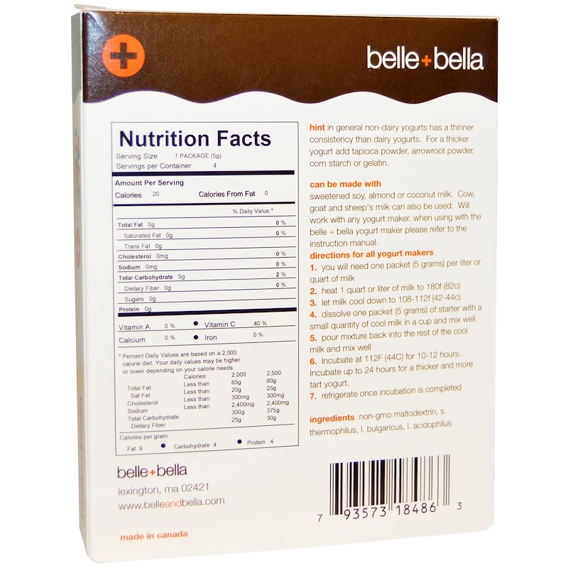 Belle+Bella, NonDairy Yogurt Starter, 4 Packets, (5 g) Each iHerb