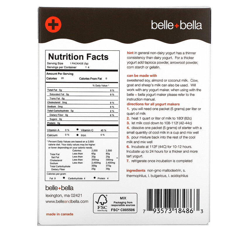 Belle+Bella, NonDairy Yogurt Starter, 4 Packets, (5 g) Each