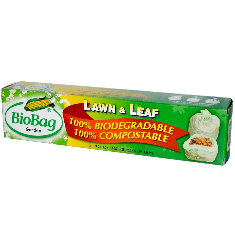 Biobag, Lawn & Leaf Bags, 33 Gallon, 5 Bags 32.5" x 39" x 1.0 mil iHerb
