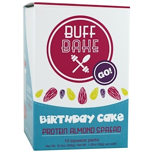 Buff Bake, Торт на день рождения, миндальный протеиновый спред, 10 пакетиков для выдавливания, 1,25 унции (36 г) каждый