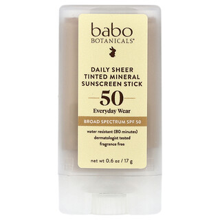 Babo Botanicals, Ежедневен прозрачен оцветен минерален слънцезащитен стик, SPF 50, без аромат, 0,6 унции (17 g)