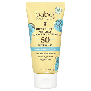 Babo Botanicals, Super Shield Mineral Sunscreen Lotion, SPF 50, Fragrance Free, 3 fl oz (89 ml)