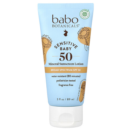 Babo Botanicals Sensitive Baby, Mineral Sunscreen Lotion, SPF 50, Fragrance Free, 3 fl oz (89 ml)