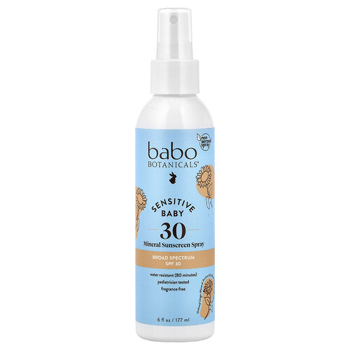 Babo Botanicals, Bebés, Protector solar mineral en spray para piel sensible, FPS 30, Sin fragancia, 177 ml (6 oz. líq.)