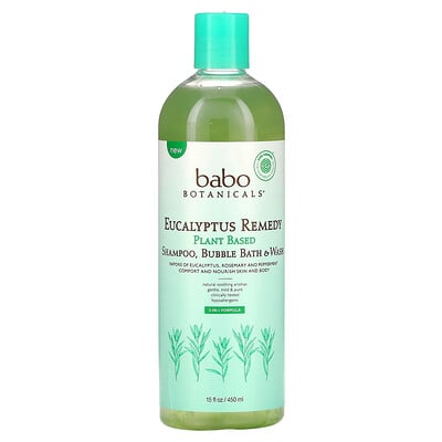 

Babo Botanicals, Plant Based 3-In-1 Shampoo, Bubble Bath & Wash, Eucalyptus Remedy, 15 fl oz (450 ml)