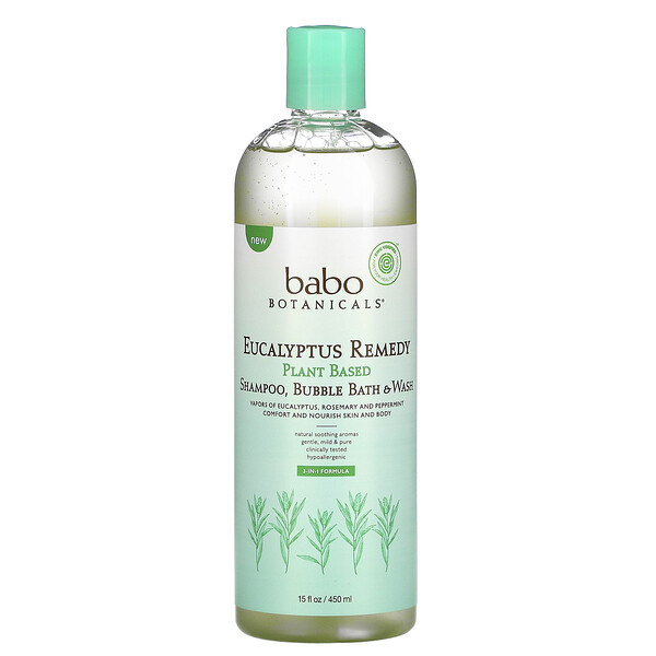 Babo Botanicals‏, Eucalyptus Remedy, Plant Based 3-In-1 Shampoo, Bubble Bath & Wash, 15 fl oz (450 ml)