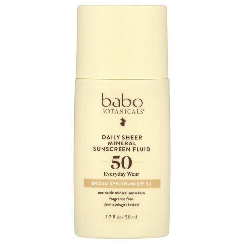 Babo Botanicals Daily Sheer Mineral Sunscreen Fluid, SPF 50, Fragrance Free, 1.7 fl oz (50 ml)
