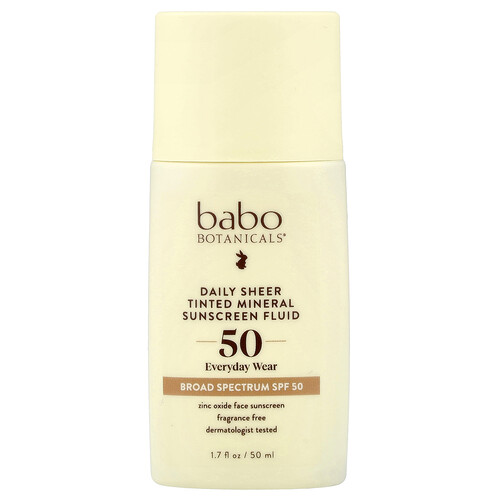 Babo Botanicals, Protector solar mineral translúcido, fluido y con color de uso diario, FPS 50, Sin fragancia, 50 ml (1,7 oz. líq.)