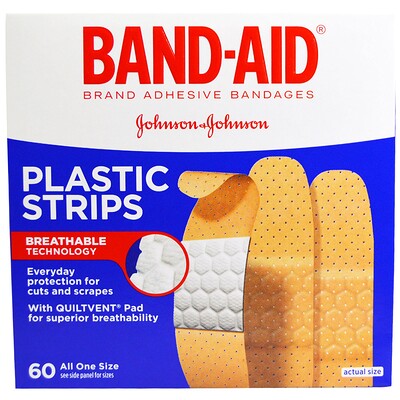 Band Aid Пластыри с клейкой основой, пластиковые полоски, 60 пластырей