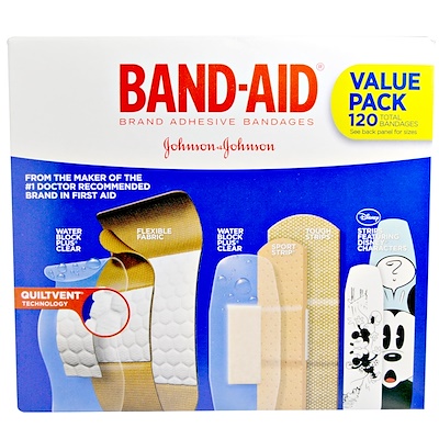 Band Aid Пластыри, перевязки, экономичная упаковка, 5 пачек, 120 штук
