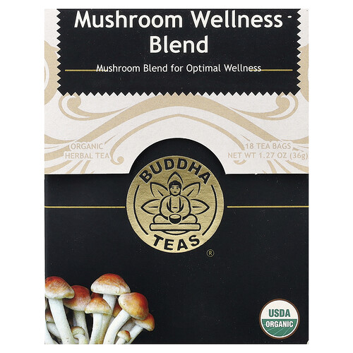 Buddha Teas, Organic Herbal Tea, Mushroom Wellness Blend, Caffeine Free, 18 Tea Bags, 1.27 oz (36 g)