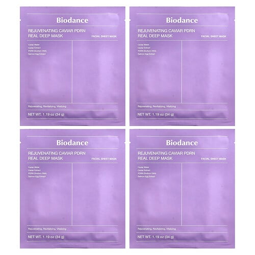 Biodance, Rejuvenating Caviar PDRN Real Deep Beauty Mask, verjüngende Kaviar-Maske, 4 Tuchmasken, je 34 g (1,19 oz.).
