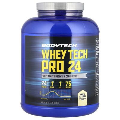 BodyTech, Whey Tech Pro 24, Helado de vainilla, 2,27 kg (5 lb)