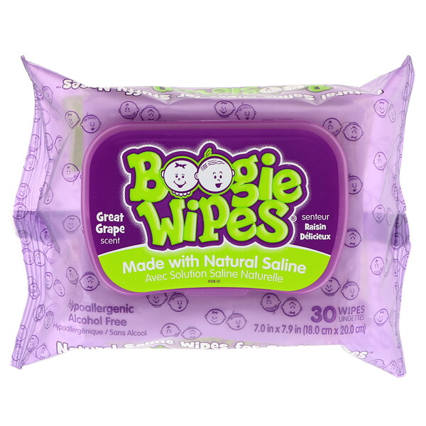 Boogie Wipes‏, Natural Saline Wipes for Stuffy Noses, Great Grape Scent, 30 Wipes