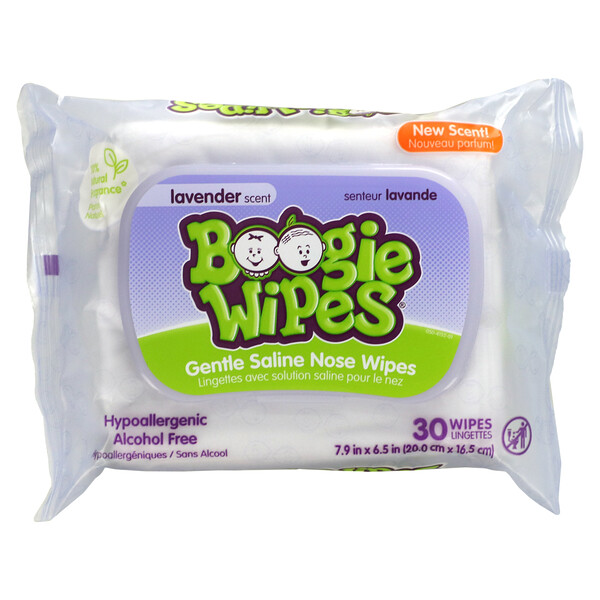 Boogie Wipes‏, Gentle Saline Nose Wipes, Lavender Scent, 30 Wipes