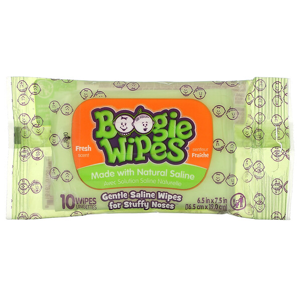 Boogie Wipes, Gentle Saline Wipes for Stuffy Noses, Fresh Scent, 10 Wipes