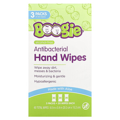 Product Image for Boogie Wipes, Antibacterial Hand Wipes, Alcohol Free, 3 Packs, 20 Wipes Each
