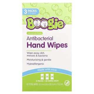 Boogie Wipes, Lap Tangan Antibakteria, Bebas Alkohol, 3 Pek, 20 Lap Setiap satu