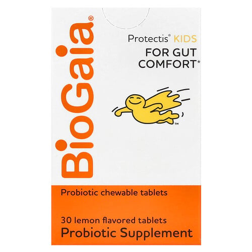BioGaia, Protectis Kids, For Gut Comfort, probiotisches Ergänzungsmittel für Kinder zur Förderung des Wohlbefindens des Darms, Zitrone, 100 Millionen KBE, 30 probiotische Kautabletten