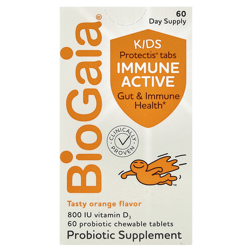 BioGaia, Kids, Immune Active with L. Reuteri + Vitamin D, Orange, 60 probiotische Kautabletten
