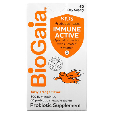 

BioGaia Kids Immune Active with L. Reuteri + Vitamin D Orange 60 Probiotic Chewable Tablets