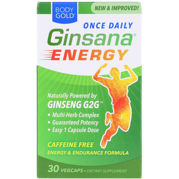 BodyGold, Ginsana能量，不含咖啡萃取，30粒素食膠囊