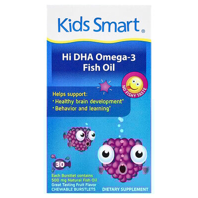 Kids Smart, Kids Smart®, Aceite de pescado con alto contenido de omega-3 DHA, Frutas, 30 cápsulas masticables “burstlet”