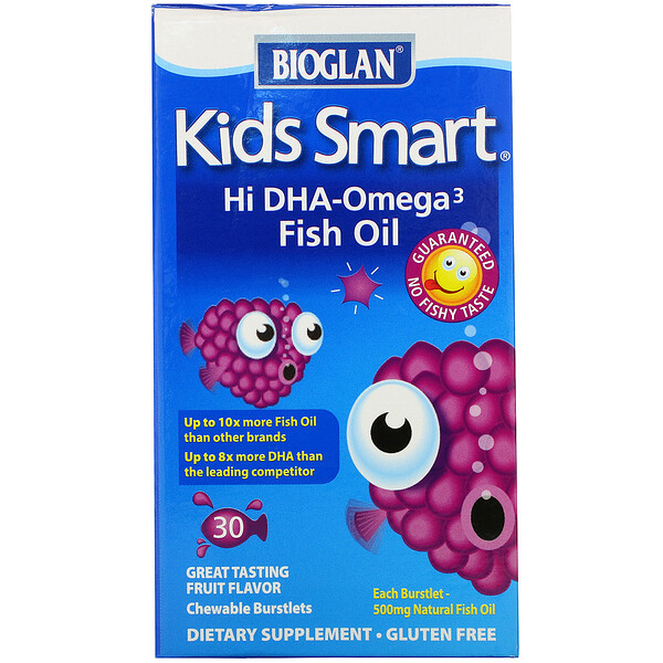 Bioglan, Kids Smart, рыбий жир с высоким содержанием ДГК и омега-3, замечательный вкус ягод, 30 жевательных капсул, лопающихся во рту